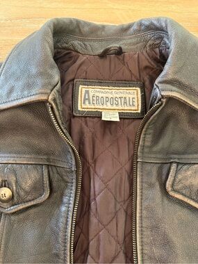 Y2K Vintage Aeropostale Women’s Dark Brown Leather Bomber Jacket - small